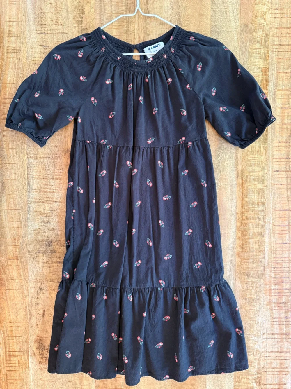 Old Navy Girls Large 10-12 Black Floral Tiered Dress Puff Sleeve